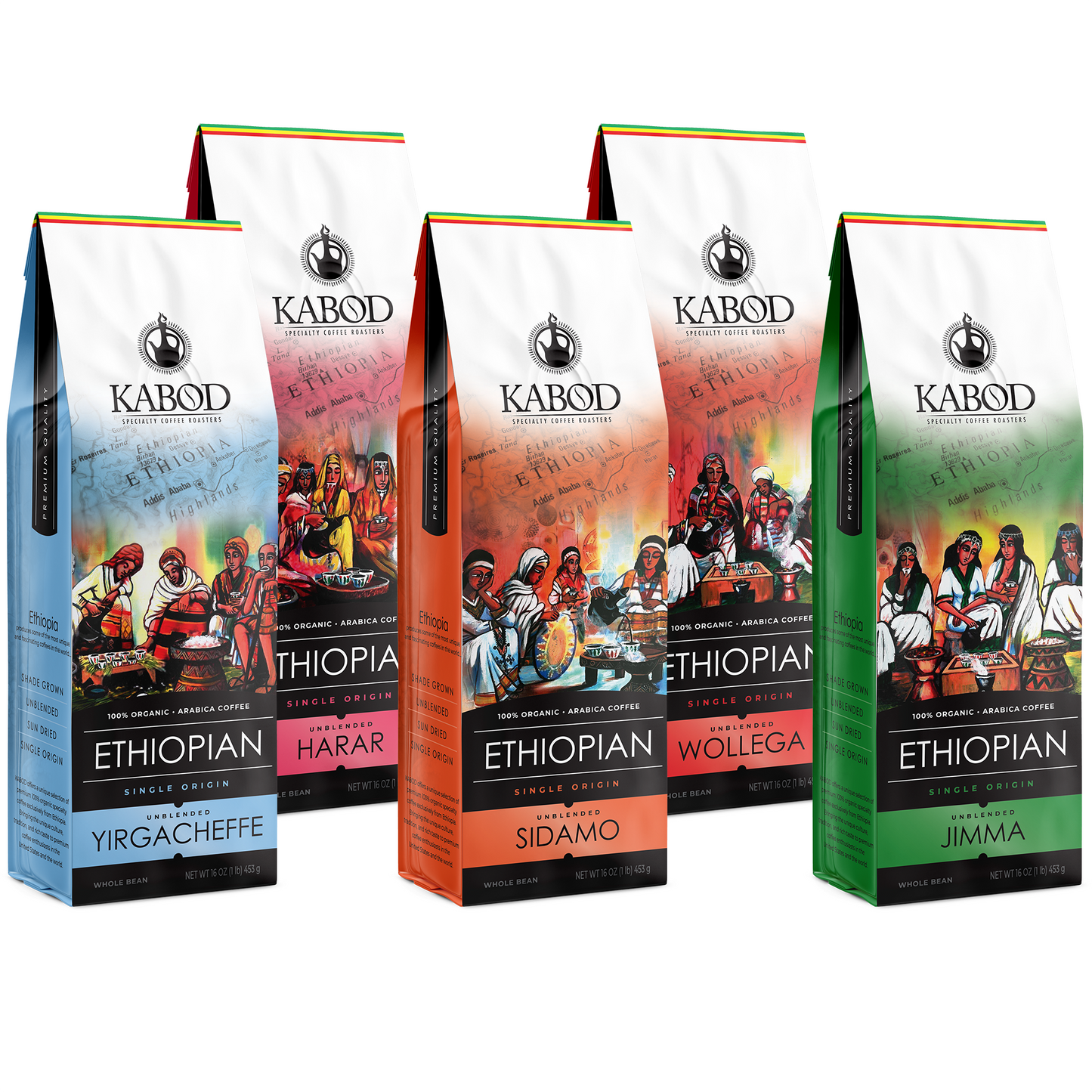 5x PACK | Ethiopian Regional Flavors Bundle | 5LB. Total (x5 of 1lb Bags Each) Sidamo + Jimma + Wollega + Yirgacheffe + Harar Ethiopian Coffee 100% Unblended Organic
